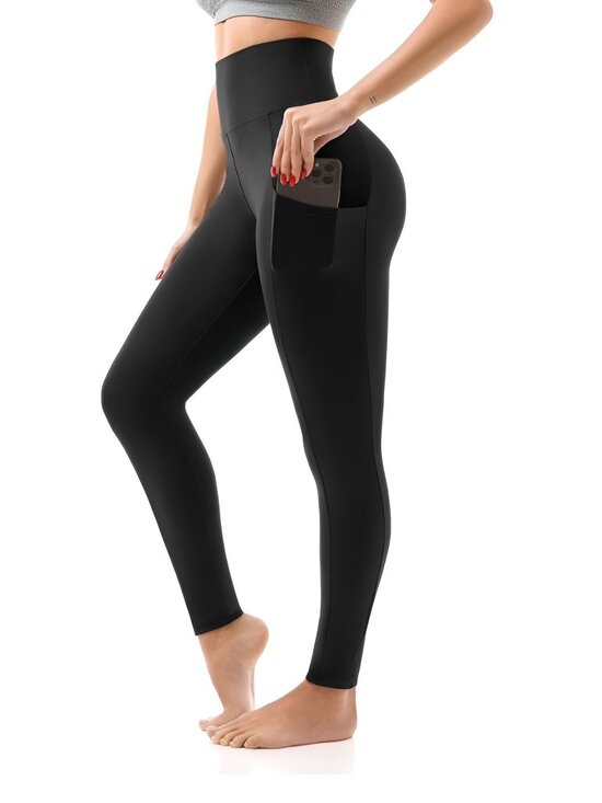 Pants - Womens High Waisted Leggings with Pockets, Full Length, BLACK, Size SMALL-MEDIUM